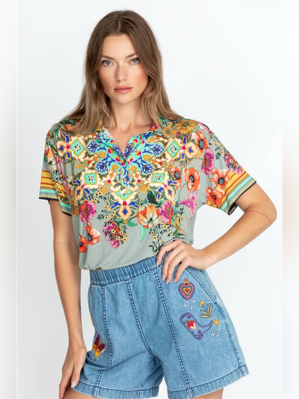 Johnny Was Hunter S/S Favorite Polo Tee Bamboo Floral Abstract Boho Womens Large